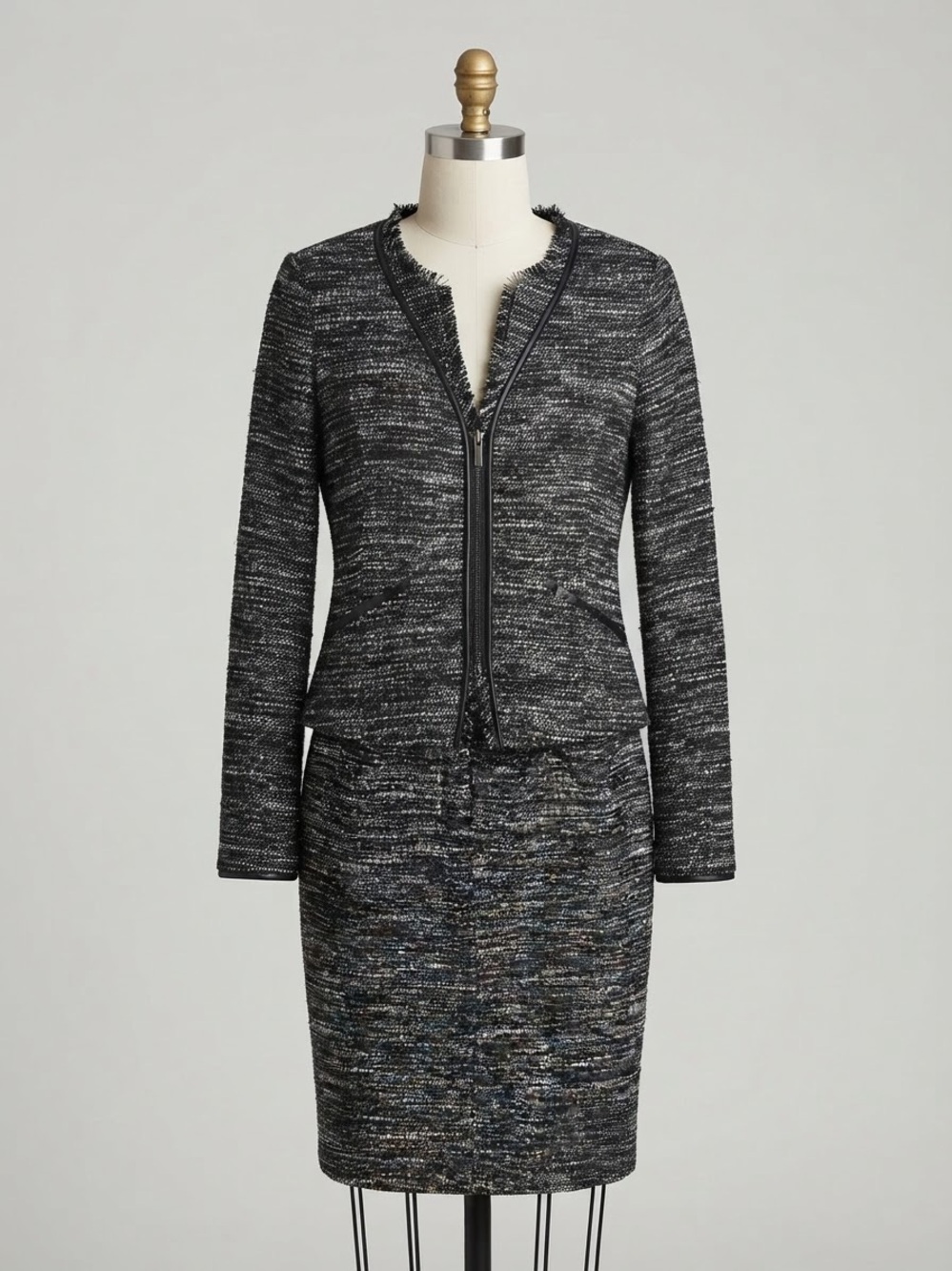 BCBG PARIS Tweed Zip Jacket & Skirt Set